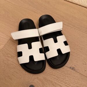 Hermes Chypre White and Black Slide Sandals